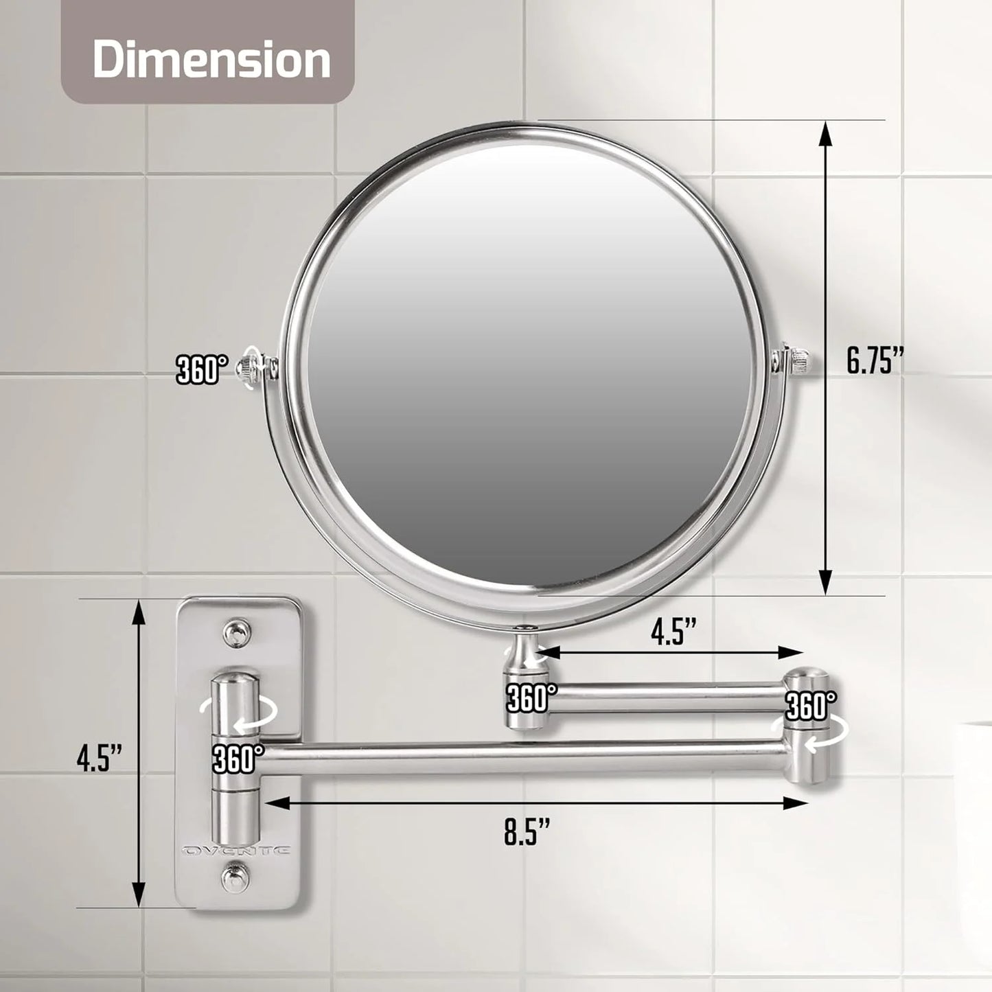 Sanilux™ Wall-Mounted 360° Dual-Sided Magnifying Mirror (1X/10X)