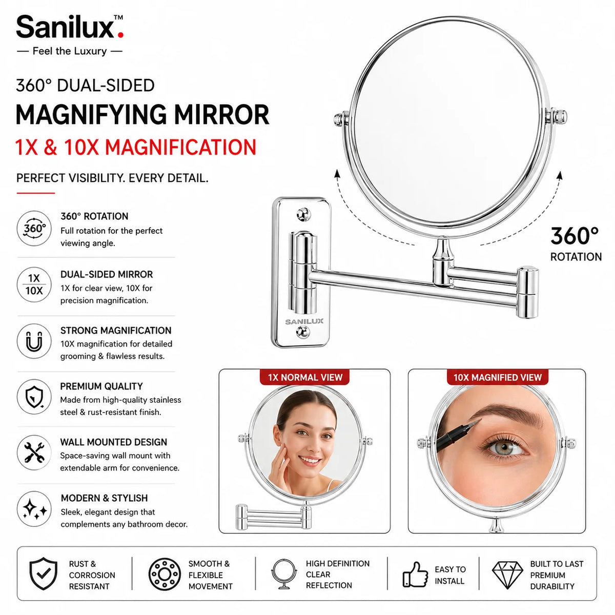 Sanilux™ Wall-Mounted 360° Dual-Sided Magnifying Mirror (1X/10X)
