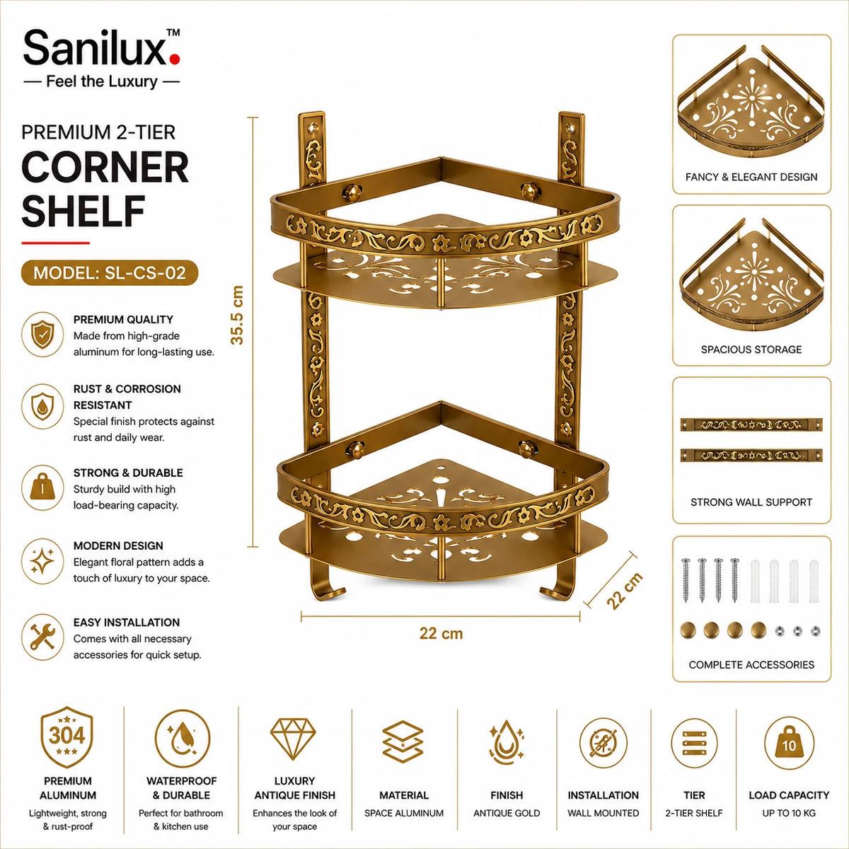 Sanilux™ Premium 2‑Tier Aluminum Corner Shelf