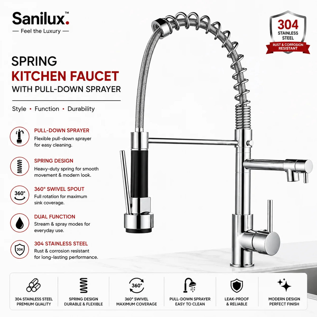 Sanilux™ Spring Kitchen Faucet with Pull-Down Sprayer