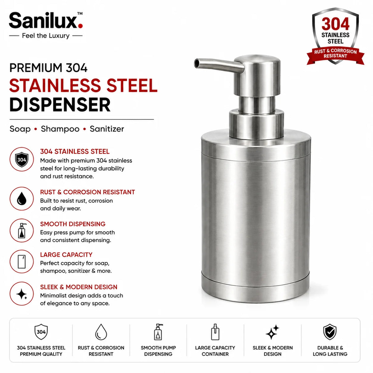 Sanilux™ Premium 304 Stainless Steel Soap, Shampoo & Sanitizer Dispenser