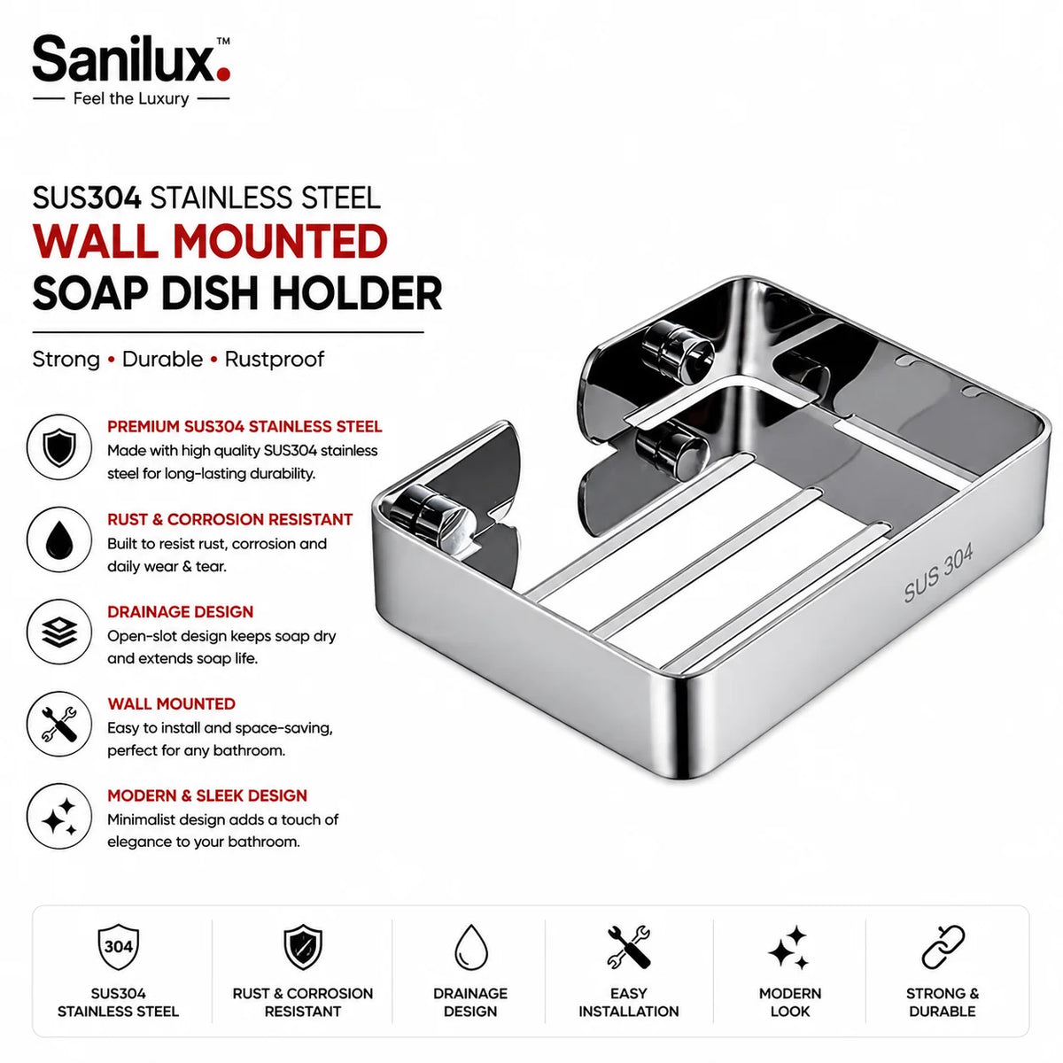 Sanilux™ SUS304 Stainless Steel Wall-Mounted Soap Dish Holder