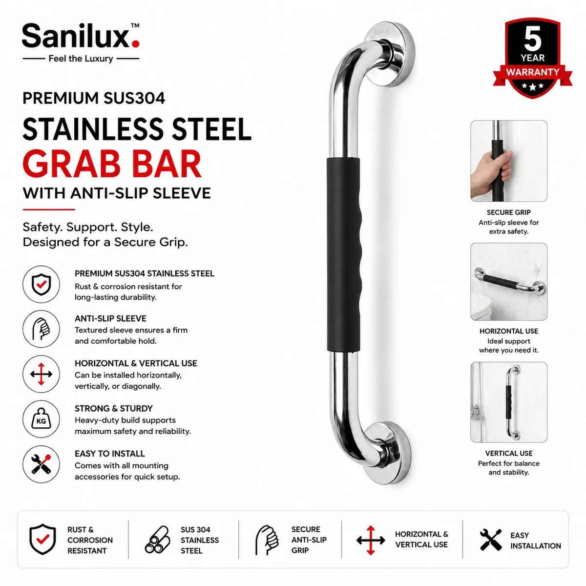 Sanilux™ SUS304 Stainless Steel Grab Bar with Anti-Slip Sleeve