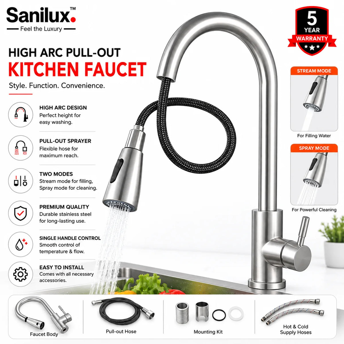 Sanilux™ High Arc Pull-Out Kitchen Faucet