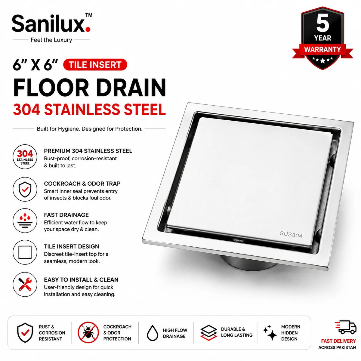 Sanilux™ 6x6″ Tile Insert Floor Drain – 304 Stainless Steel (Cockroach & Odor Trap)