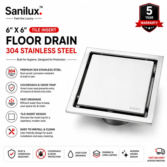 Sanilux™ 6x6″ Tile Insert Floor Drain – 304 Stainless Steel (Cockroach & Odor Trap)