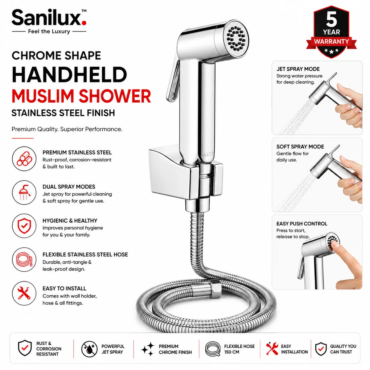 Sanilux™ Chrome Shape Handheld Muslim Shower – Stainless Steel Finish