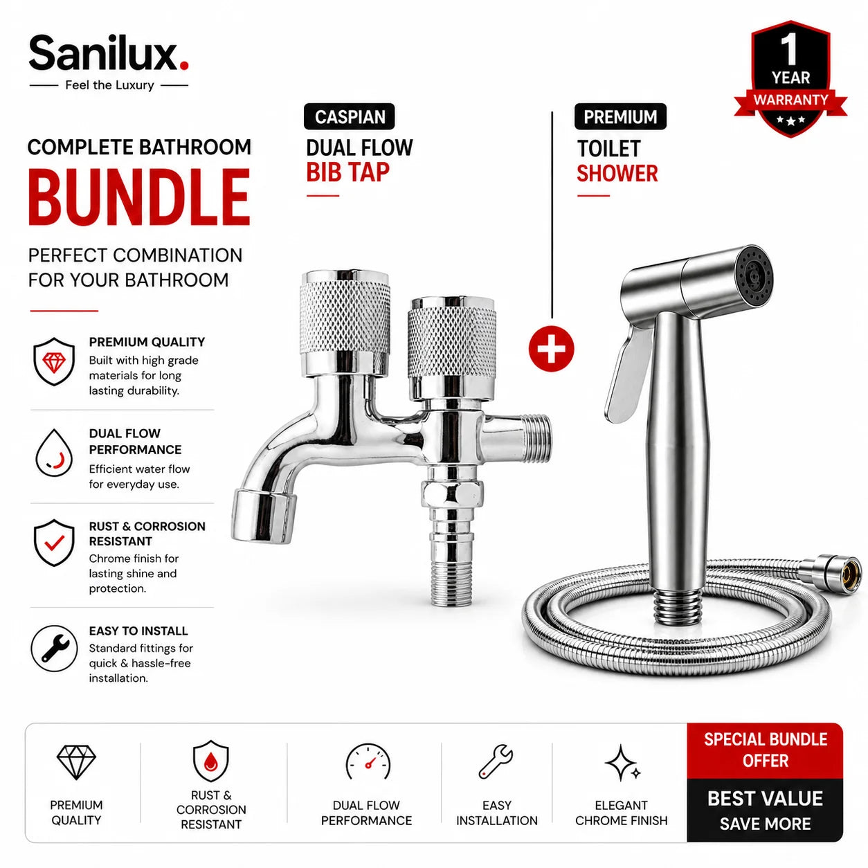 Sanilux™ 304 Stainless Steel Muslim Shower + Dual Flow Tap Bundle