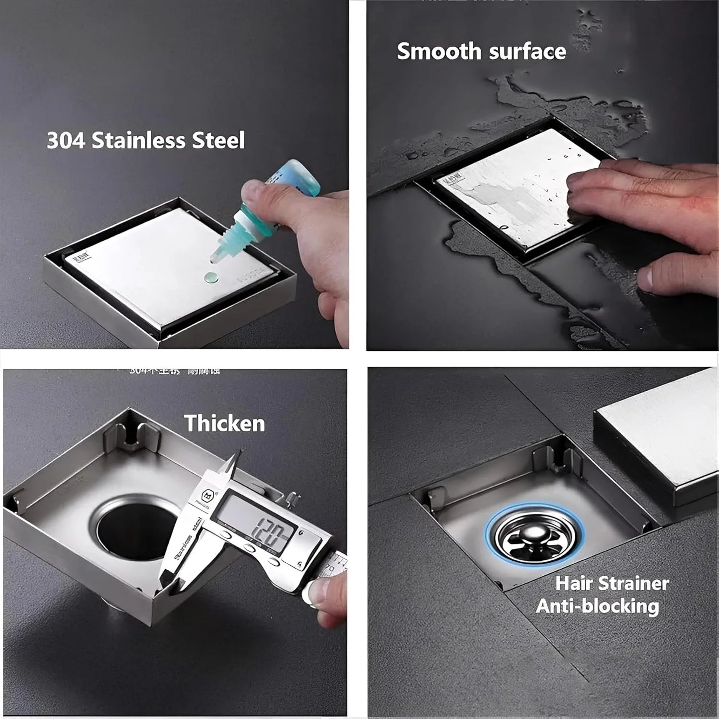 Sanilux™ 6x6″ Tile Insert Floor Drain – 304 Stainless Steel (Cockroach & Odor Trap)