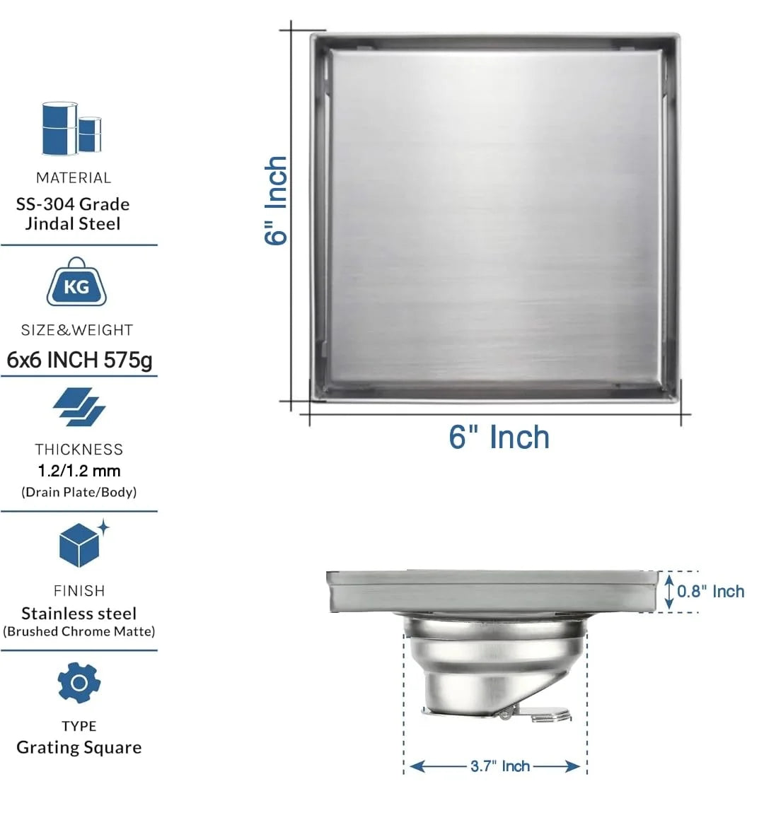 Sanilux™ 6x6″ Tile Insert Floor Drain – 304 Stainless Steel (Cockroach & Odor Trap)