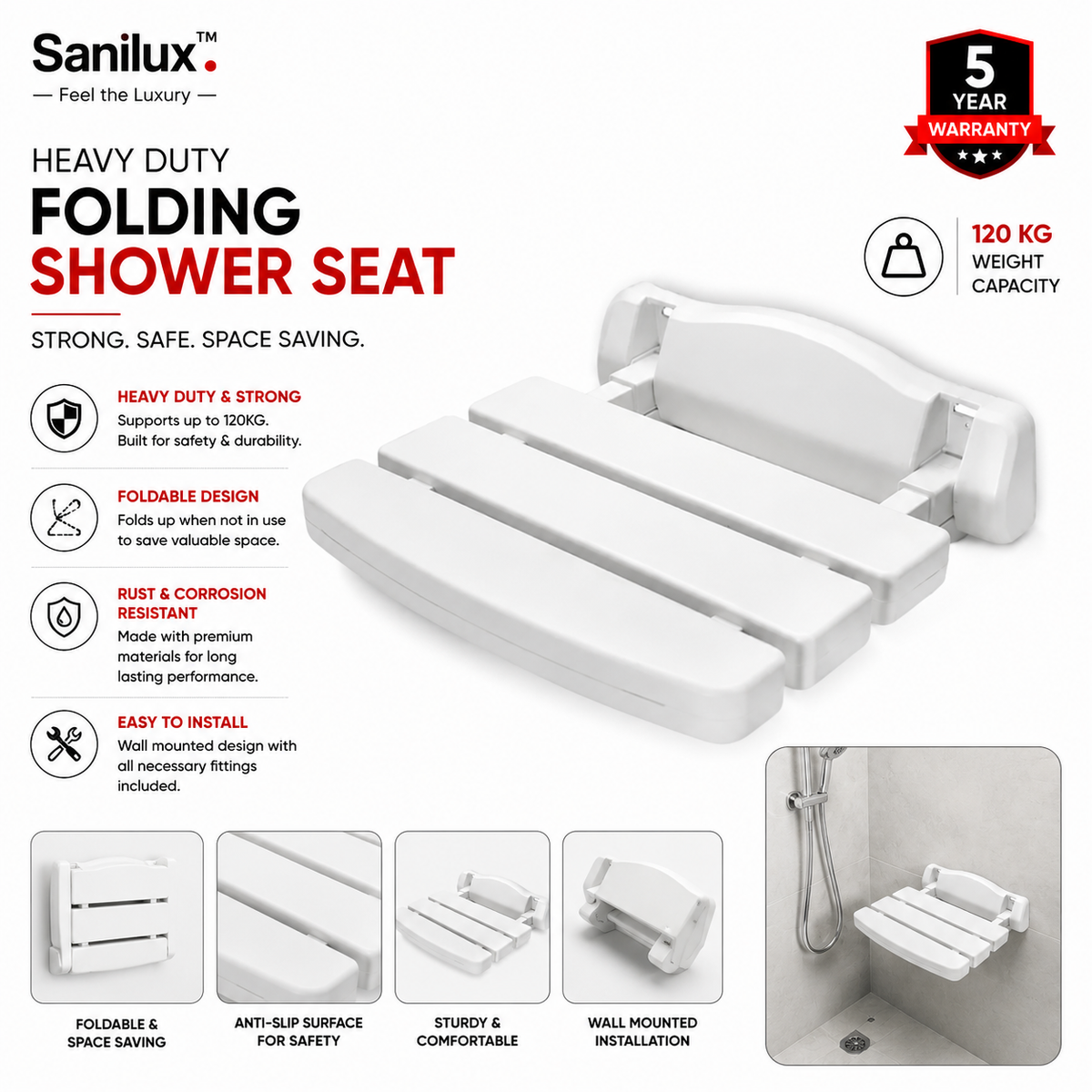 Sanilux™ Heavy-Duty Folding Shower Seat (120 KG Capacity)