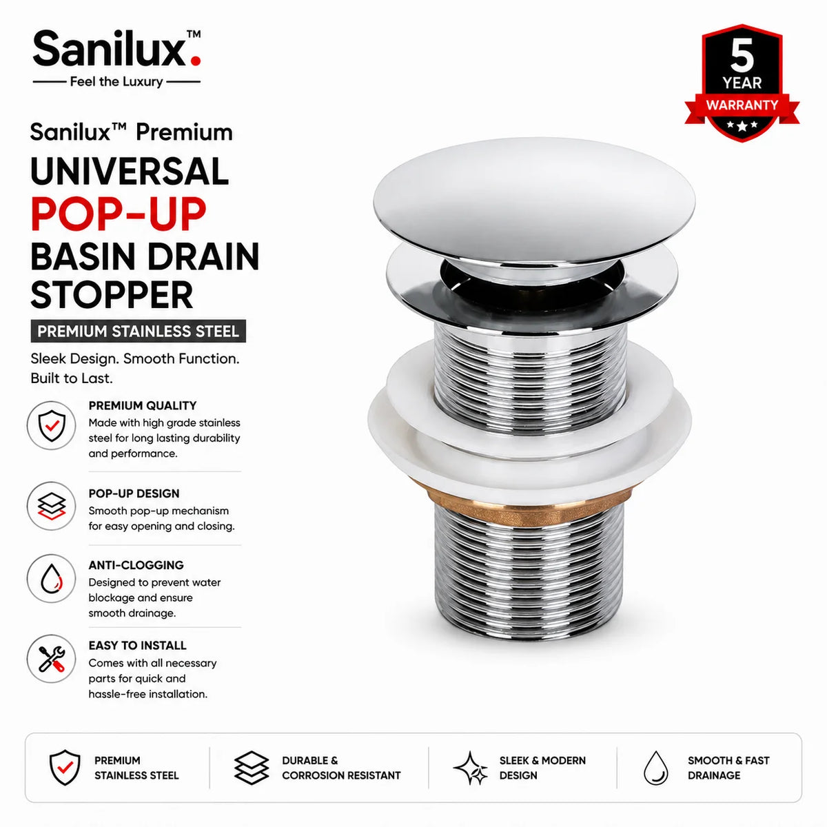 Sanilux™ Premium Universal Pop-Up Basin Drain Stopper