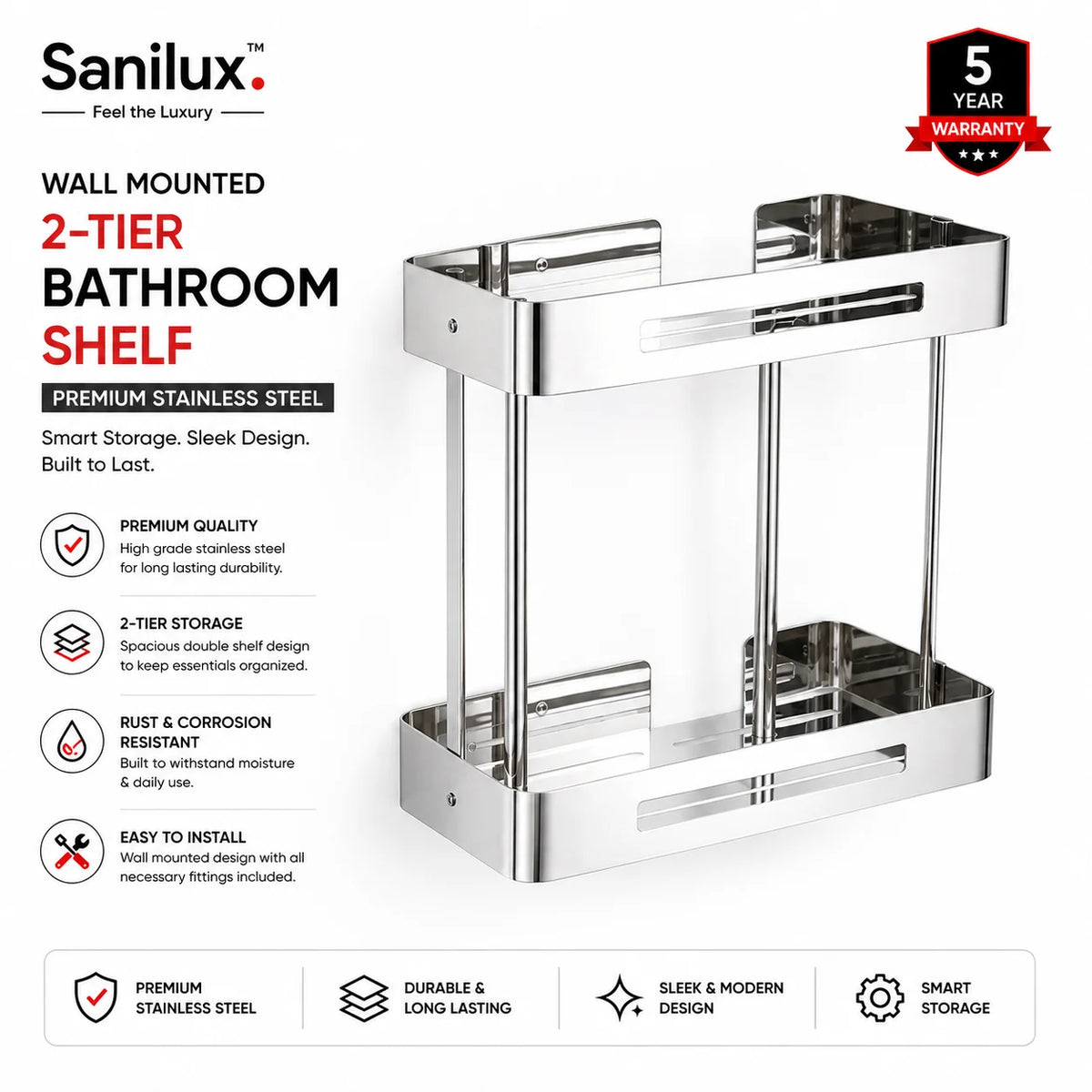 Sanilux™ Wall-Mounted 2-Tier Stainless Steel Bathroom Shelf